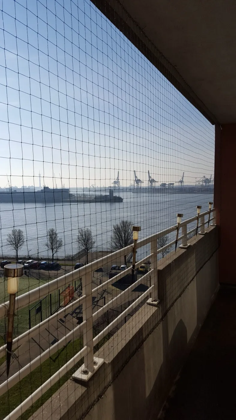 Balkon met nette duivenwering en uitzicht over de Rotterdamse haven
